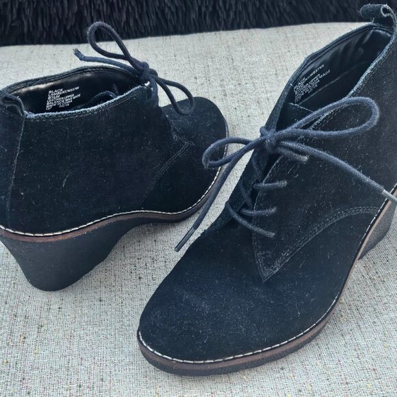 White Mountain Women Wedge Bootie Black Suede Leather Lace Up Shoes Size 8.5 - Picture 2 of 12